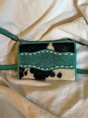 Turquoise Tooled Leather & Cowhide Crossbody Bag